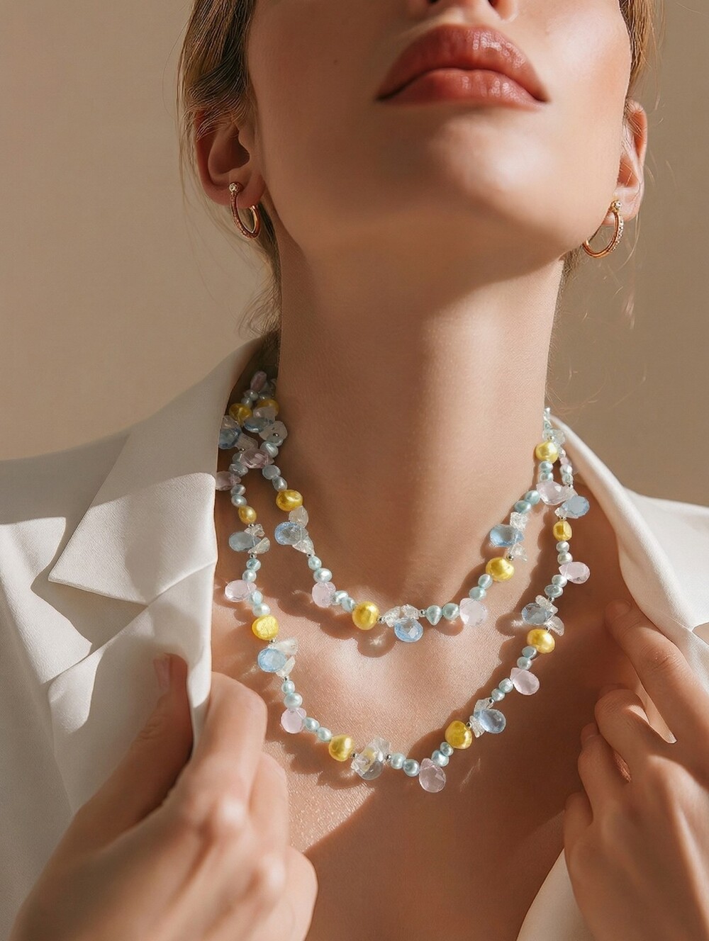 Freshwater Pearl and Crystal Rope Necklace Blue and Yellow 46" 🆕